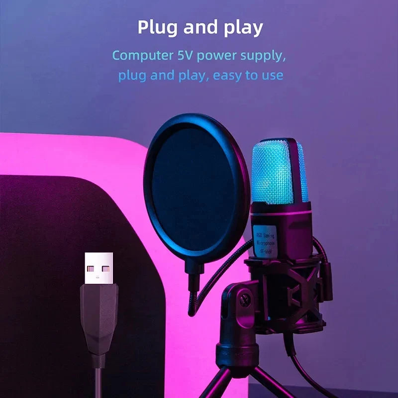 USB Microphone RGB Microfone Condensador Noise Reduction Wire Game Mic for Podcast Recording Studio Streaming Laptop Desktop PC