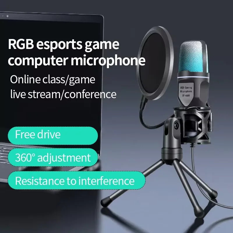 USB Microphone RGB Microfone Condensador Noise Reduction Wire Game Mic for Podcast Recording Studio Streaming Laptop Desktop PC