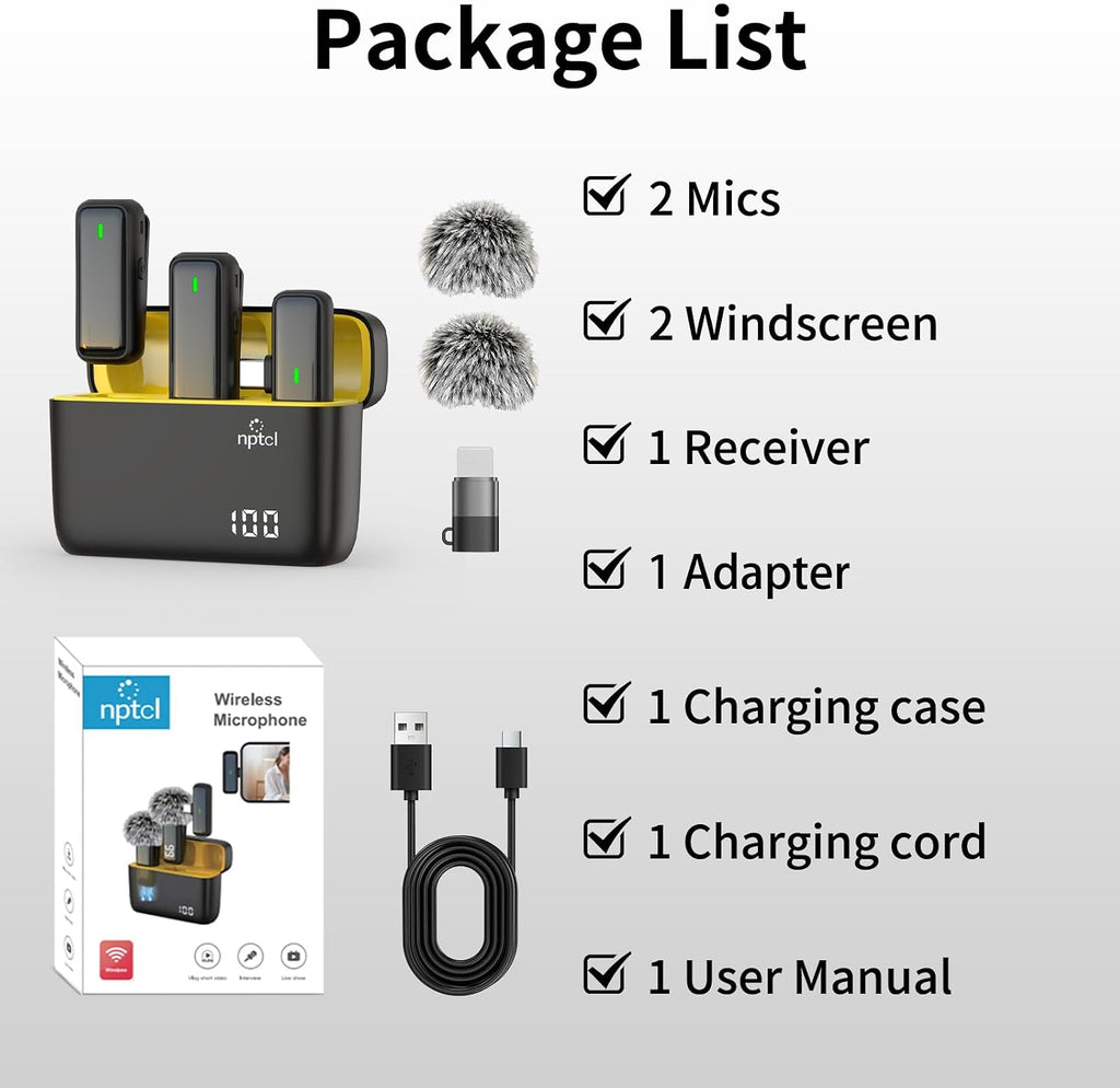 NPTCL Wireless Lavalier Microphone Set | USB-C & Lightning Clip-On Mic for iPhone, iPad & Android, 24-Hour Battery Case, Noise Reduction for Vlogging, YouTube, TikTok & Podcasts