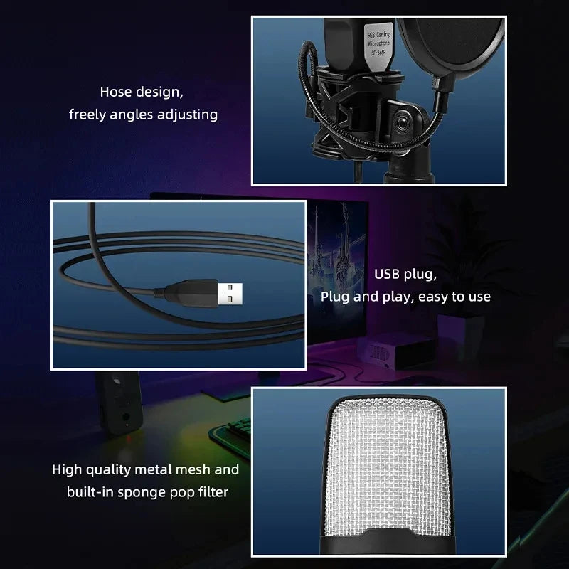 USB Microphone RGB Microfone Condensador Noise Reduction Wire Game Mic for Podcast Recording Studio Streaming Laptop Desktop PC