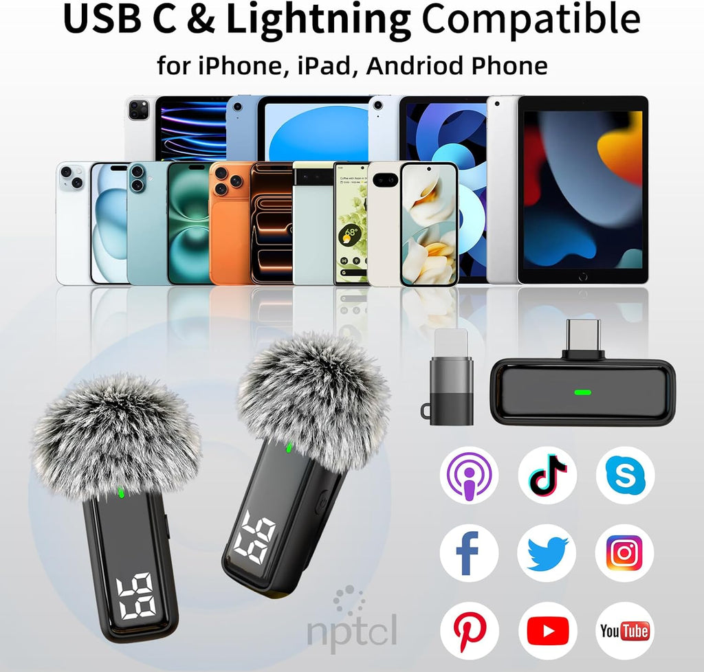 NPTCL Wireless Lavalier Microphone Set | USB-C & Lightning Clip-On Mic for iPhone, iPad & Android, 24-Hour Battery Case, Noise Reduction for Vlogging, YouTube, TikTok & Podcasts