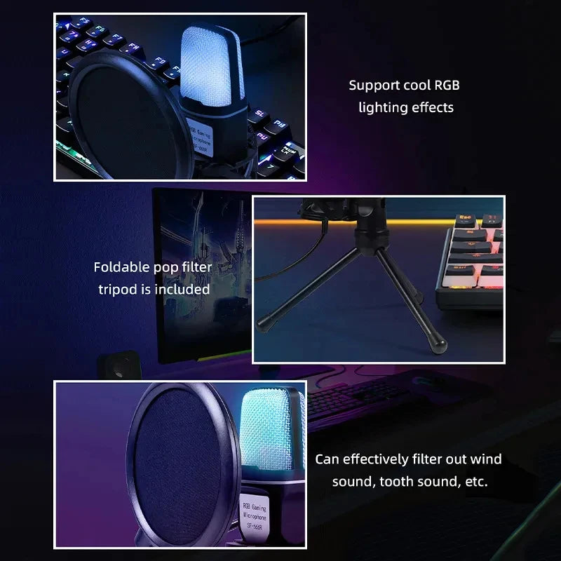 USB Microphone RGB Microfone Condensador Noise Reduction Wire Game Mic for Podcast Recording Studio Streaming Laptop Desktop PC