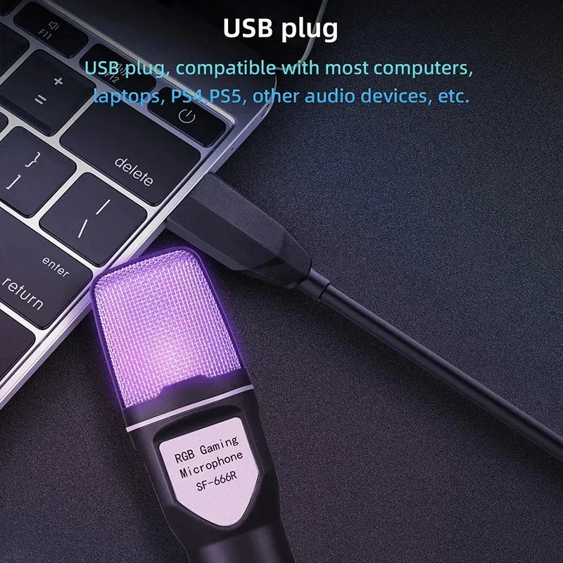 USB Microphone RGB Microfone Condensador Noise Reduction Wire Game Mic for Podcast Recording Studio Streaming Laptop Desktop PC