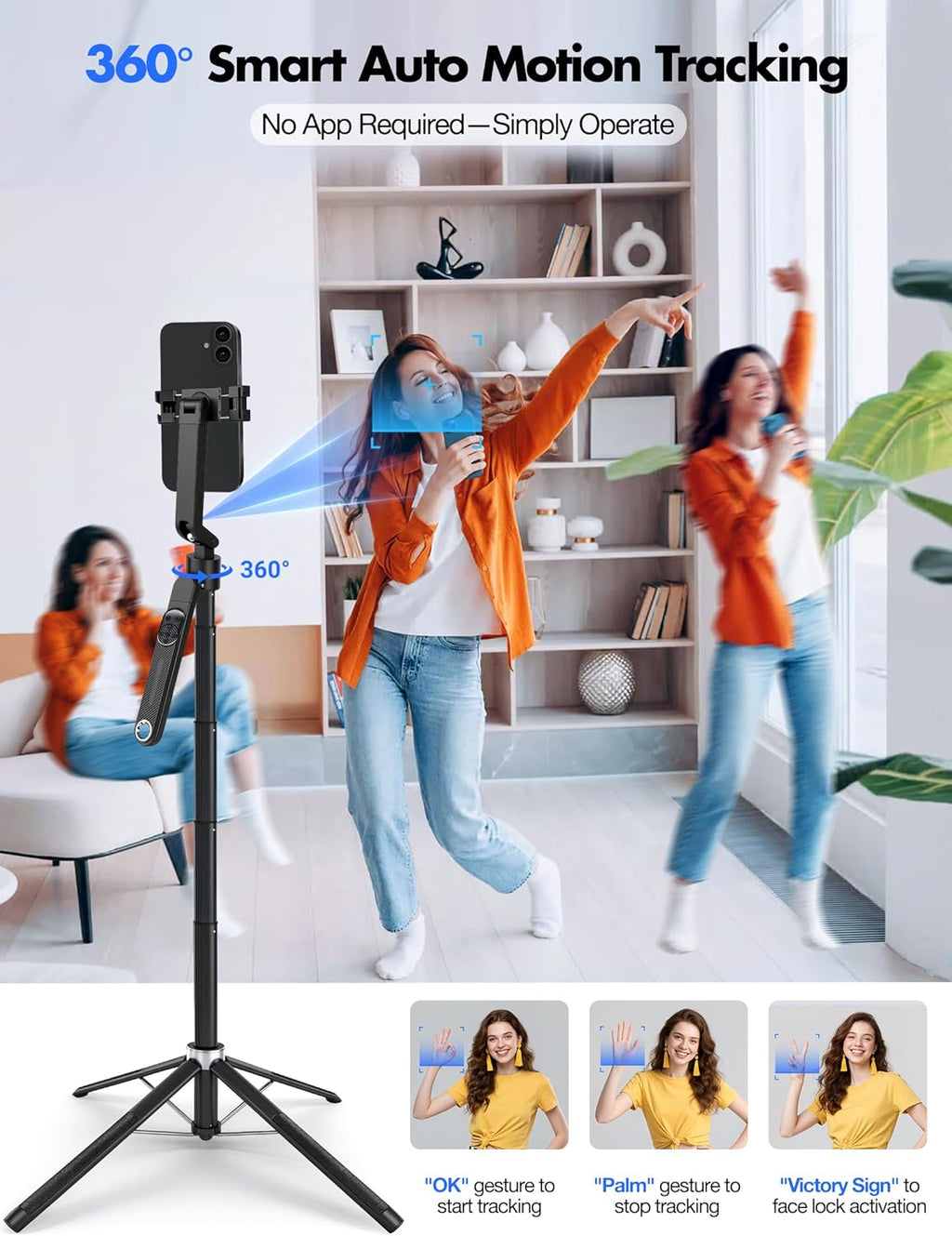 71'' Auto Face Tracking Tripod 360° Rotation with Stand | Selfie Stick W/Fill Lights, Remote & Gesture Control | for Tiktok Vlog Content Creator, Phone Camera Tripod following Your Movement