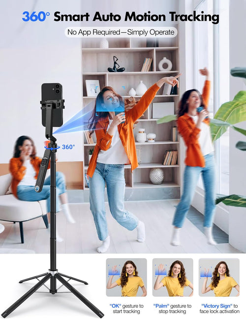 71'' Auto Face Tracking Tripod 360° Rotation with Stand | Selfie Stick W/Fill Lights, Remote & Gesture Control | for Tiktok Vlog Content Creator, Phone Camera Tripod following Your Movement