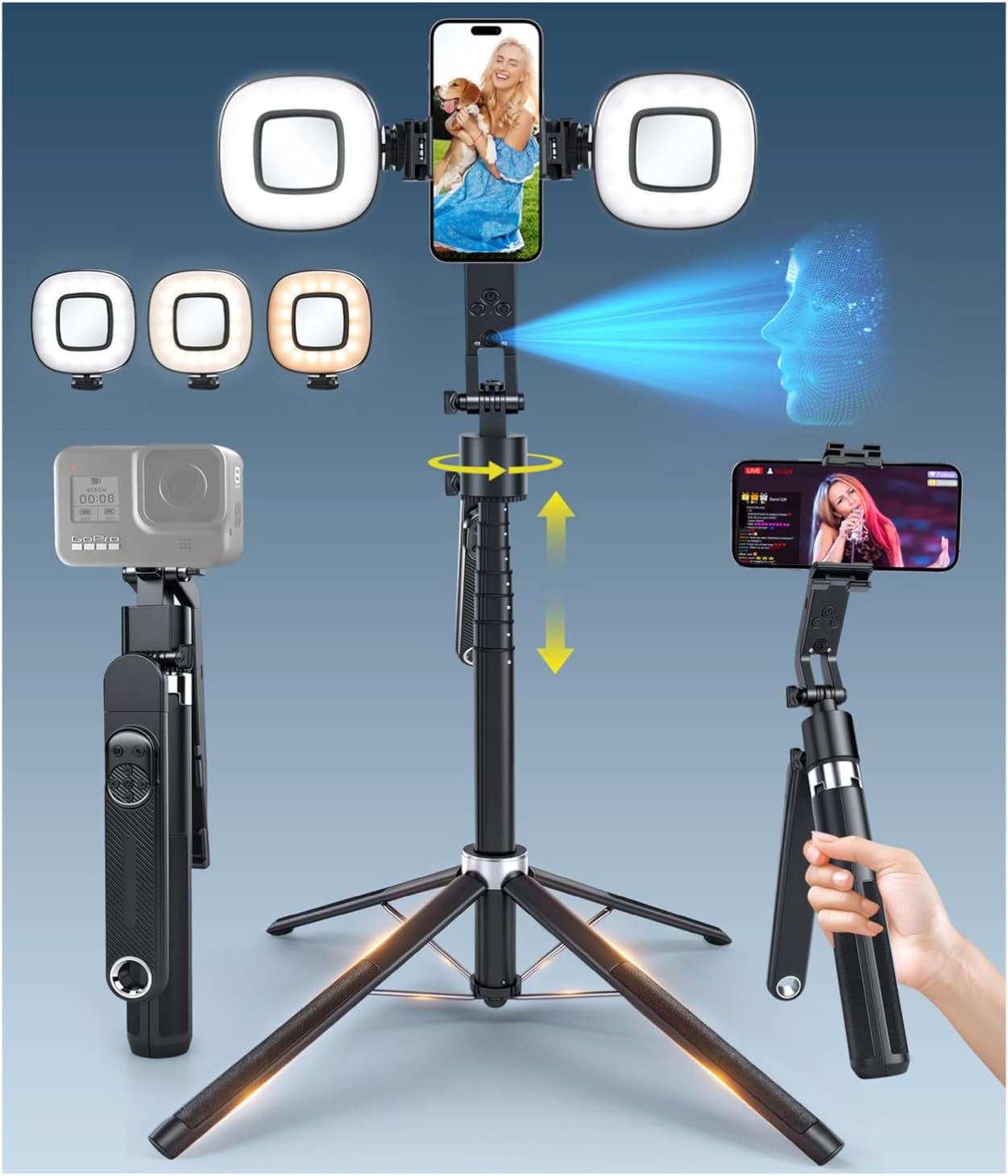 71'' Auto Face Tracking Tripod 360° Rotation with Stand | Selfie Stick W/Fill Lights, Remote & Gesture Control | for Tiktok Vlog Content Creator, Phone Camera Tripod following Your Movement
