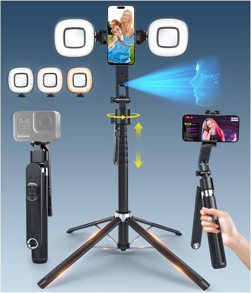 71'' Auto Face Tracking Tripod 360° Rotation with Stand | Selfie Stick W/Fill Lights, Remote & Gesture Control | for Tiktok Vlog Content Creator, Phone Camera Tripod following Your Movement