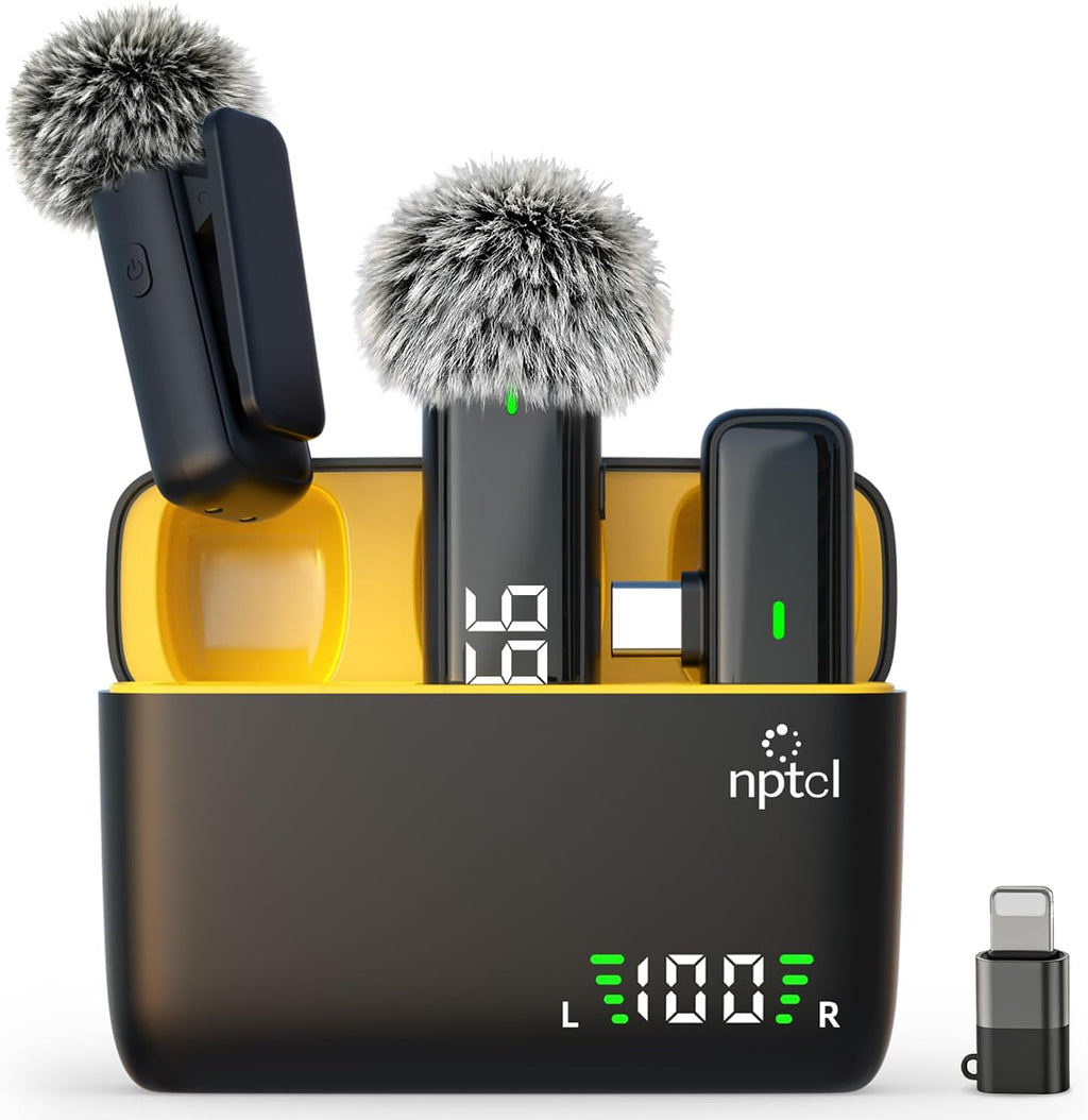 NPTCL Wireless Lavalier Microphone Set | USB-C & Lightning Clip-On Mic for iPhone, iPad & Android, 24-Hour Battery Case, Noise Reduction for Vlogging, YouTube, TikTok & Podcasts
